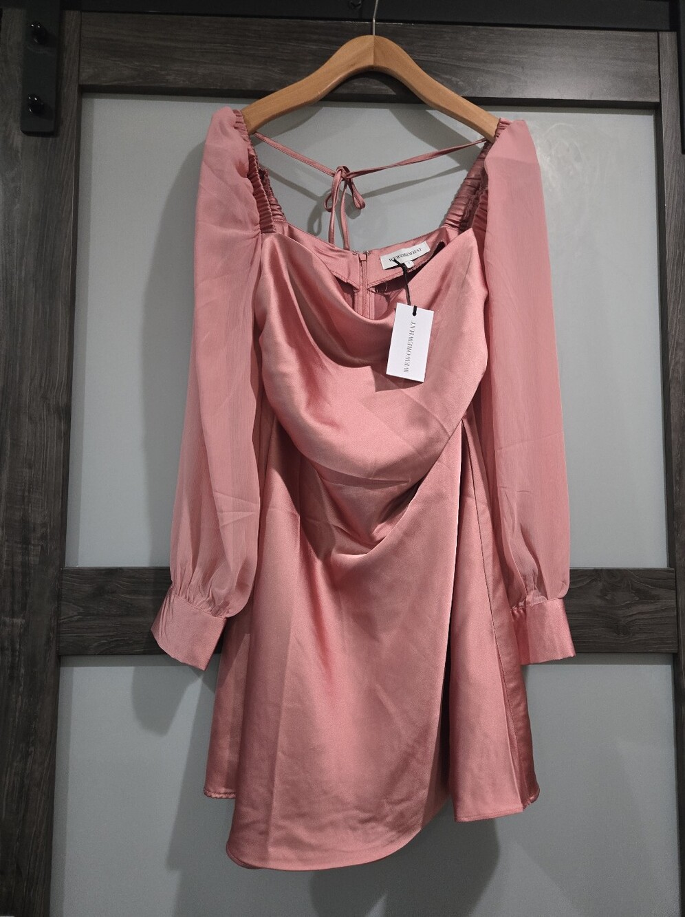 NWT WeWoreWhat Square Neck Satin Long Sleeve Mini Dress Romantic Pink Size 2